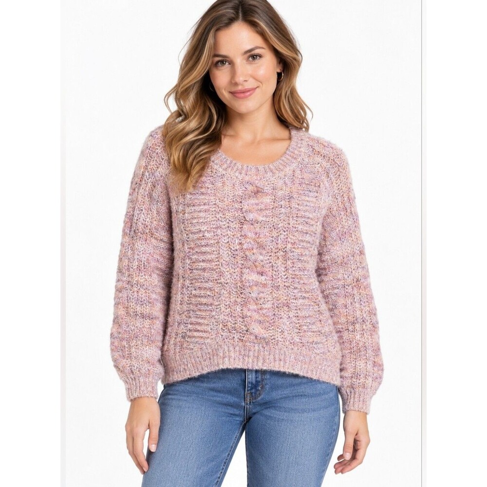 EUC Almost Famous women's pink orange sofy fluffy cable knit sweater scoop neck